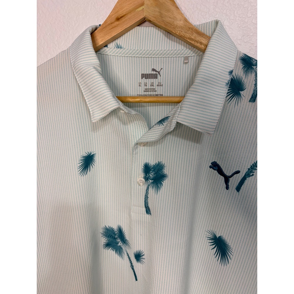 Puma Golf Polo Shirt Mens XL Mint Green Striped Palm Tree Tropical Short Sleeve - Picture 5 of 6